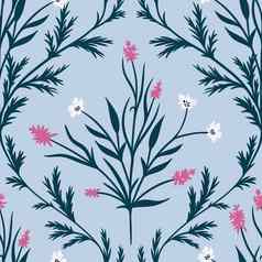 手画无缝的模式海军叶子花蓝色的背景大马士革打印粉红色的白色野花草地植物古董复古的古董巴洛克式的风格传统的布料设计