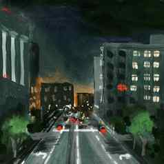 手画插图石油绘画晚上城市景观现代城市场景路高速公路建筑《暮光之城》晚上灯汽车交通草图画黑色的绿色橙色