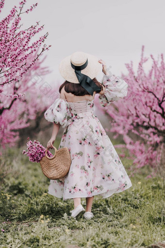 女人盛开的桃子果园背景风景如画的桃子果园女人长衣服他享受和平走公园包围美自然
