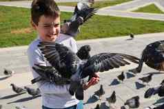高加索人青少年男孩喂养群飞行鸽子夏天城市公园广场孩子们野生动物