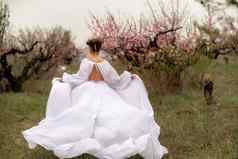 女人桃子开花快乐卷曲的女人白色衣服走花园开花桃子树春天