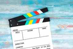 电影克拉珀蓝色的木背景电影电影视频摄影概念