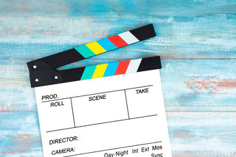 电影克拉珀蓝色的木背景电影电影视频摄影概念