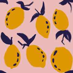 手画无缝的模式黄色的柠檬海军蓝色的叶子粉红色的背景现代草图柑橘类水果设计明亮的可爱夏天热带树打印