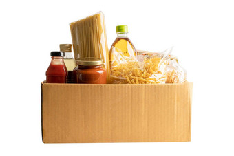 食品捐赠孤立的白色背景剪裁路径存储交付食物意大利面烹饪石油罐头食物纸板盒子