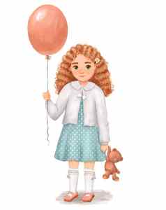 水彩女孩气球熊玩具可爱的孩子孤立的白色