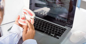 牙医女持有专业口腔学工具指出健康的牙模型解释病人