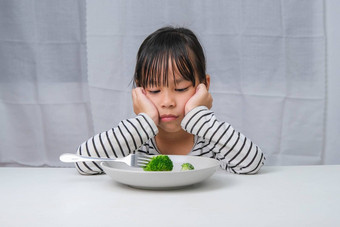 孩子们吃<strong>蔬菜可爱</strong>的亚洲女孩拒绝吃健康的<strong>蔬菜</strong>营养健康的吃习惯孩子们