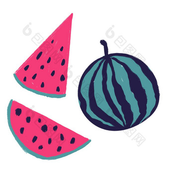手画插图粉红色的蓝色的蒂尔西瓜简单的极简主义风格夏天水果聚会，派对装饰健康的有机素食者素食主义者食物新鲜的美味的甜点片特写<strong>镜头复古</strong>的古董风格