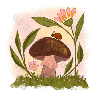 手画森林蘑菇花瓢虫可食用的有毒的真菌木林地秋天秋天自然设计羊肚菌网络帽飞木耳打印野生真菌艺术橙色棕色（的）米色绿色莫斯草