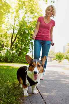 活跃的宠物健康的宠物有吸引力的年轻的女人走狗公园