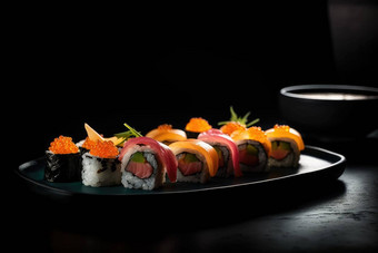 宏食物摄影板寿司卷生成的