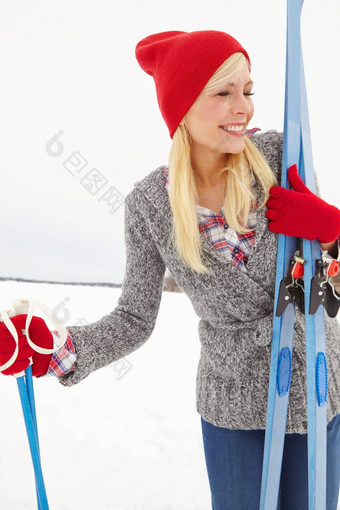时间头首页宝贝一天滑雪季度长度拍摄美丽的年轻的女人持有滑雪设备