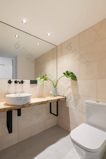 垂直拍摄明亮的浴室米色瓷砖墙大镜子水槽木工作台面厕所。。。碗概念改造公寓