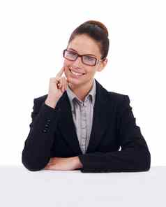 自信业务实力工作室肖像年轻的女商人穿眼镜孤立的白色