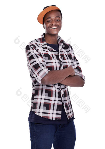 保持的事情时尚的有趣的笑年轻的非洲的家伙站白色背景