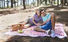 享受夏天太阳视图快乐年轻的夫妇享受夏天野餐森林