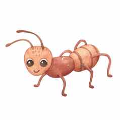 可爱的微笑蚂蚁孤立的白色有趣的昆虫孩子们水彩卡通插图