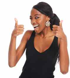 快乐拇指眨眼肖像黑色的女人批准表情符号手微笑自信脸女孩孤立的白色背景工作室协议标志