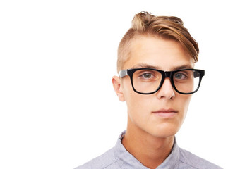 都市玉男风格工作室头像时尚的年轻的男人。穿眼镜孤立的白色