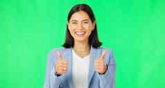 快乐女人手拇指绿色屏幕成功赢得协议工作室背景肖像业务女显示拇指表情符号标志色度模型