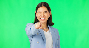 业务女人脸点绿色屏幕微笑招聘选择招聘机会女商人指出模拟肖像人类资源工作室背景