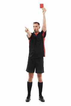 裁判男人。吹口哨红色的卡手警告指出足球规则点球失败足球男人。教练标志错误谨慎竞争游戏孤立的白色背景