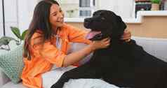 快乐女人放松狗沙发精神健康健康情感支持爱护理年轻的人放松生活房间沙发上抚摸小狗宠物动物拉布拉多寻回犬