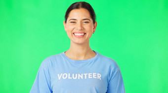 志愿者脸快乐女人绿色屏幕工作室社区服务福利肖像女模型志愿服务人道主义项目社会护理支持慈善机构
