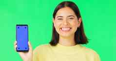 快乐女人电话模型绿色屏幕跟踪标记广告工作室背景肖像女智能手机显示广告市场营销复制空间