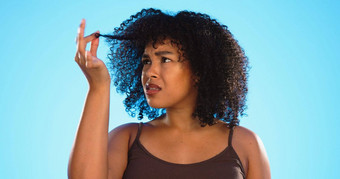 非洲式发型头发损害困惑黑色的女人蓝色的背景问题发型卷发损失美沙龙理发师沮丧女孩海滩治疗梳理化妆品