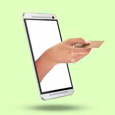 手电话信贷卡模型屏幕电子商务在线购物工作室背景手购物者移动银行应用程序智能手机显示电子事务