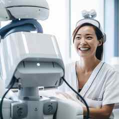 亚洲医生机器人医院未来医疗保健进步微笑技术机女人快乐医生机器人助理诊所医疗自动化创新