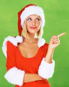 圣诞节服装圣诞老人他模型女人工作室绿色背景节日季节市场营销广告传统女xms装假期