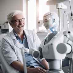 医生机器人医院未来医疗保健进步微笑自动化机生成的科技高级男人。快乐机器人创新诊所未来主义的研究实验室