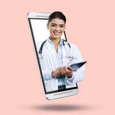 女人医生平板电脑模型屏幕医疗保健广告市场营销工作室背景肖像快乐女医疗专家微笑触屏智能手机显示