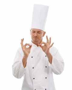 男人。老板手标志完美批准精度孤立的白色工作室背景快乐烹饪艺术家眼睛关闭显示手手势完美的精确的