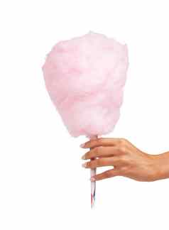 棉花糖果甜蜜的女人手孤立的白色背景零食粉红色的食物假期治疗人手持有给提供颜色锥青年童年节日工作室