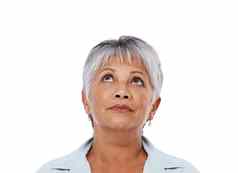 孤立的高级女人思考问题精神健康工作室白色背景上了年纪的夫人脸做梦有关未来退休的想法好奇的模型