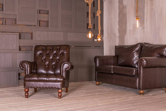 棕色（的）皮革扶手椅古董皮革沙发<strong>室内</strong>作文<strong>复古</strong>的家具有创意的设计复制空间