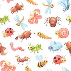 无缝的水彩模式卡通昆虫可爱的蝴蝶蚱蜢蜻蜓