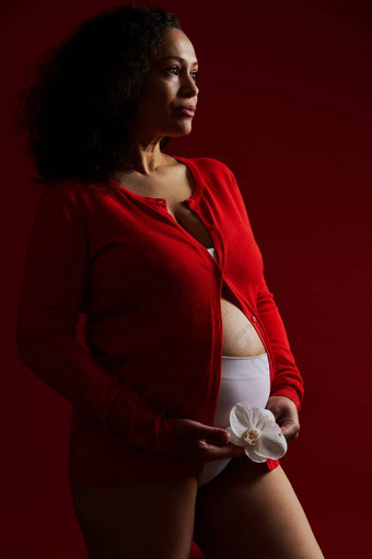 拉丁美国少数民族女人红色的衬衫持有白色兰花花怀孕了肚子如痴如梦