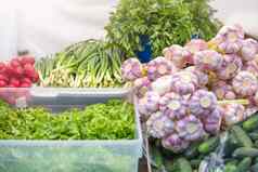 新鲜的蔬菜市场大蒜谎言蔬菜日益增长的季节蔬菜出售市场小业务