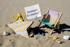 夏天未来文本纸问候卡背景海滩椅子休息室海星夏天假期装饰桑迪海滩太阳海岸假期概念明信片旅行