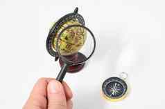 古董工具全球指南针放大镜