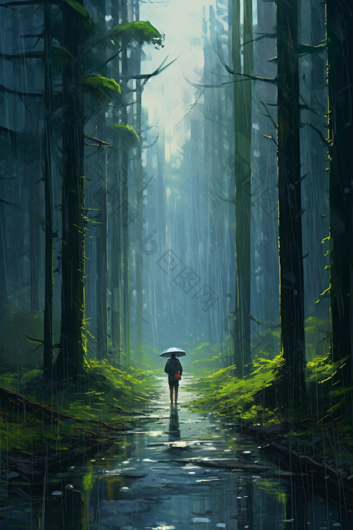 森林雨景插画森林插画行业树林人像高清图片下载-包图网