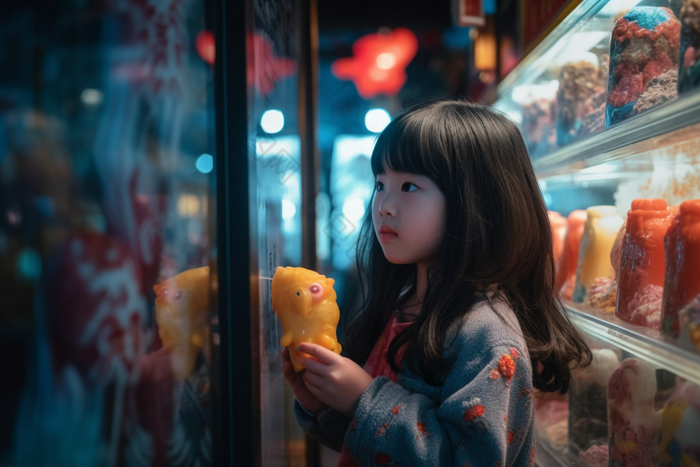 望着橱窗里冰激凌的小女孩乖巧零食