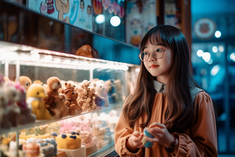 望着橱窗里冰激凌的小女孩可爱酷暑