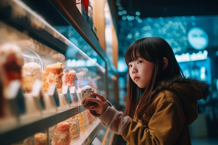 望着橱窗里冰激凌的小女孩可爱冷饮