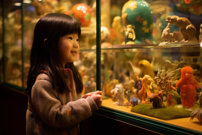 望着橱窗里卡通玩具的小女孩售卖观赏